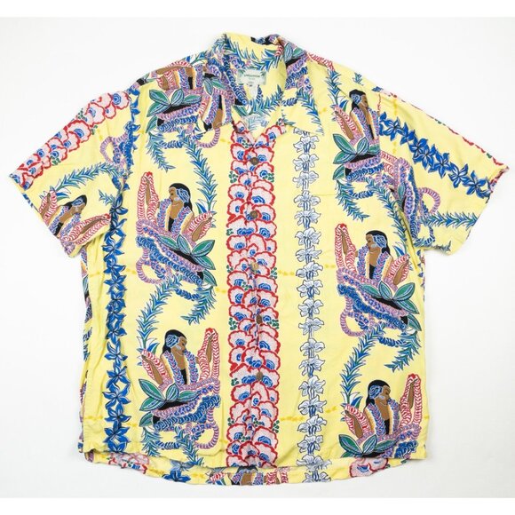 Kamehameha Hawaiian Shirt Lei Lady Mens XL Yellow Tropical Print Rayon USA Aloha - Picture 2 of 15